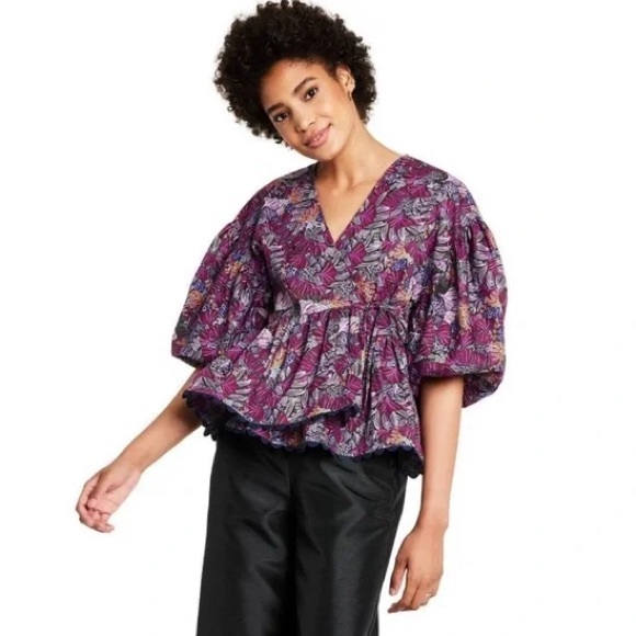 Kika Vargas - puffed sleeve wrap top. 100% cotton peplum peasant top xs - Picture 2 of 12